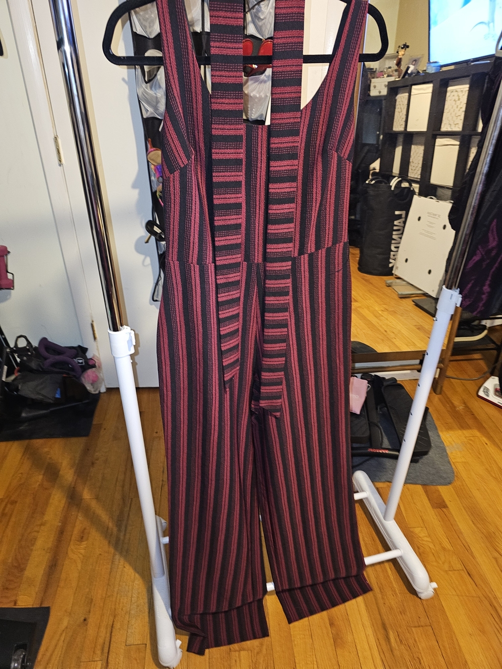 Karl Lagerfeld Black and Dark Red Striped Wide-Leg Jumpsuit